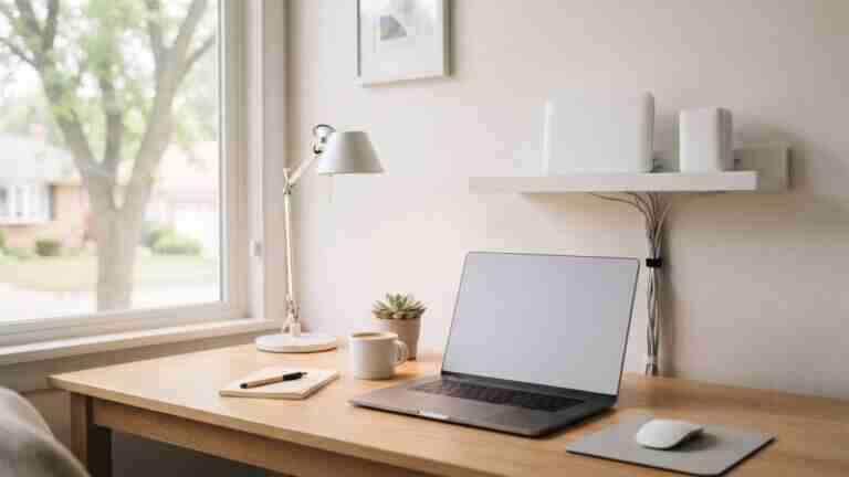 A laptop, wifi router, and desk lamp on a home office desk