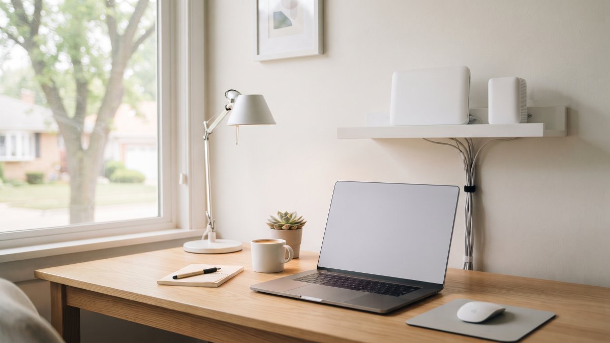 A laptop, wifi router, and desk lamp on a home office desk