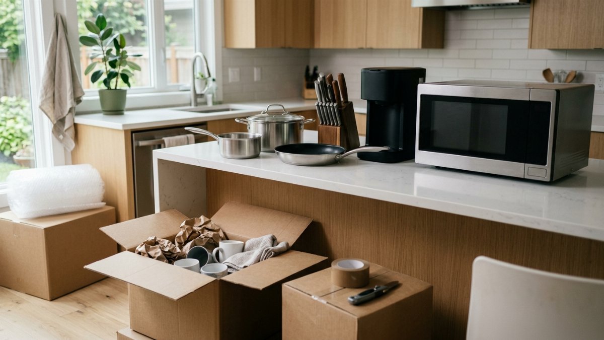 Unpacked kitchen essentials on a moving-day countertop