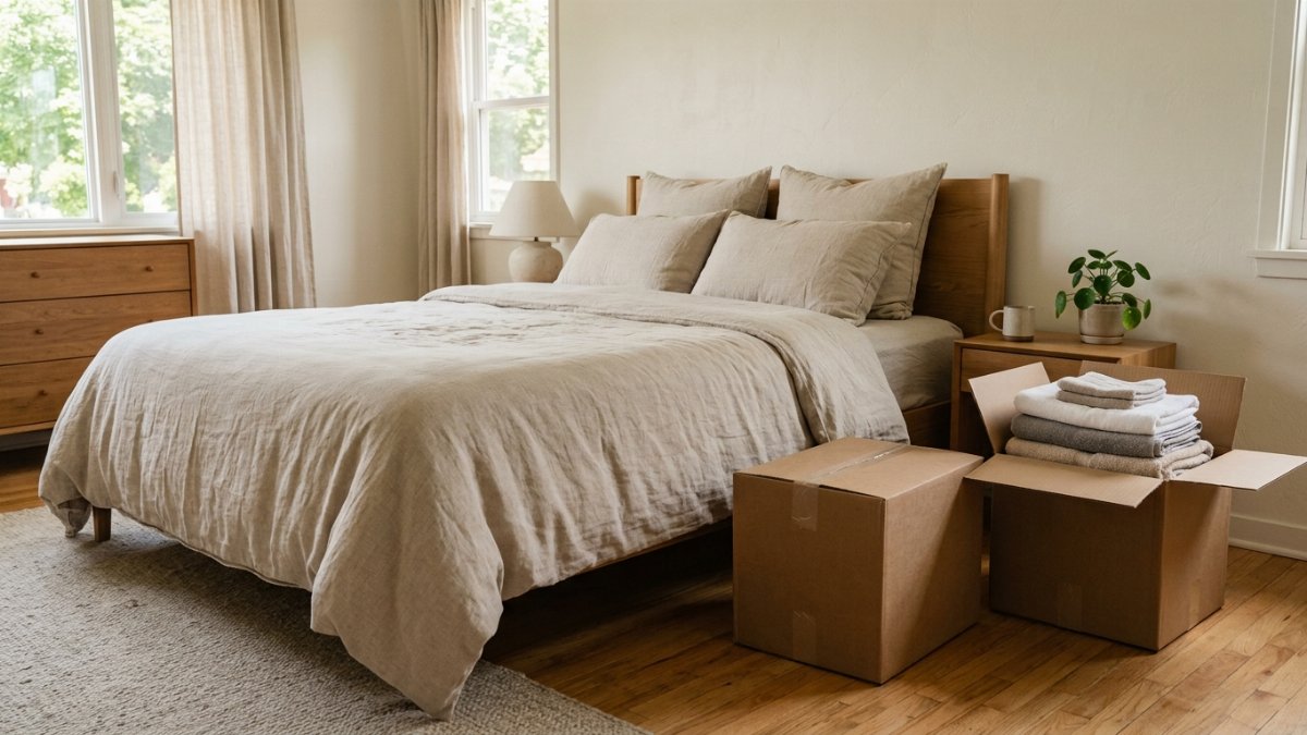 A freshly made bed among moving boxes in a new bedroom