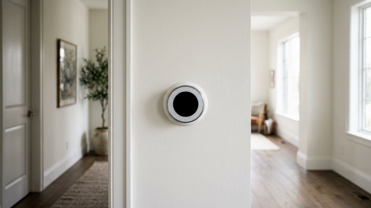 A smart thermostat mounted on a hallway wall