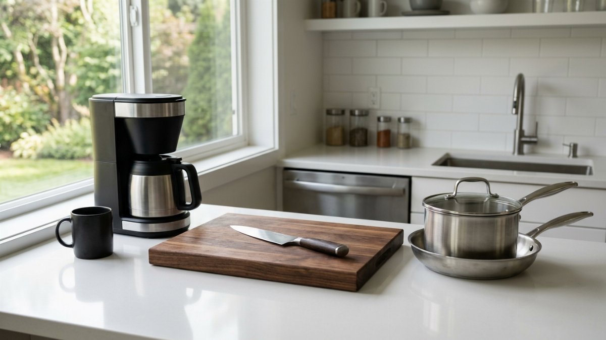 Everyday cookware and a coffee maker on a kitchen counter