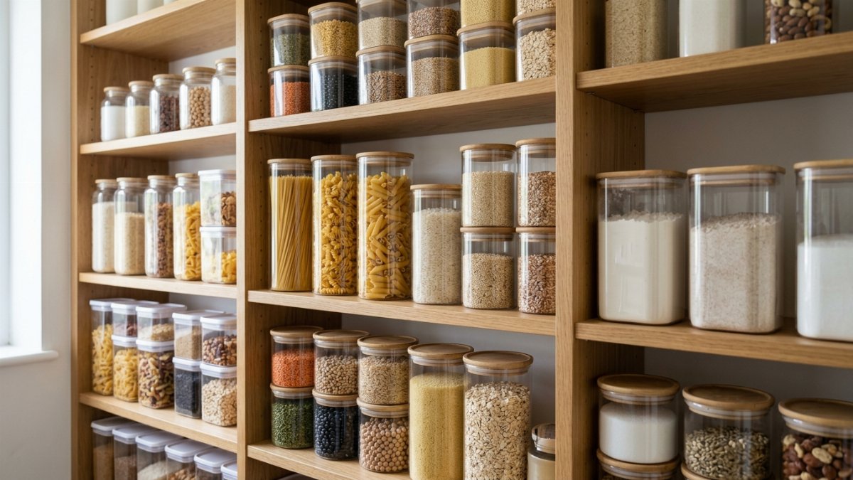 Organized pantry shelves with clear storage containers