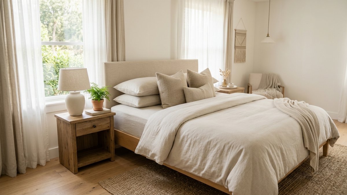 A neatly made bed in a bright bedroom