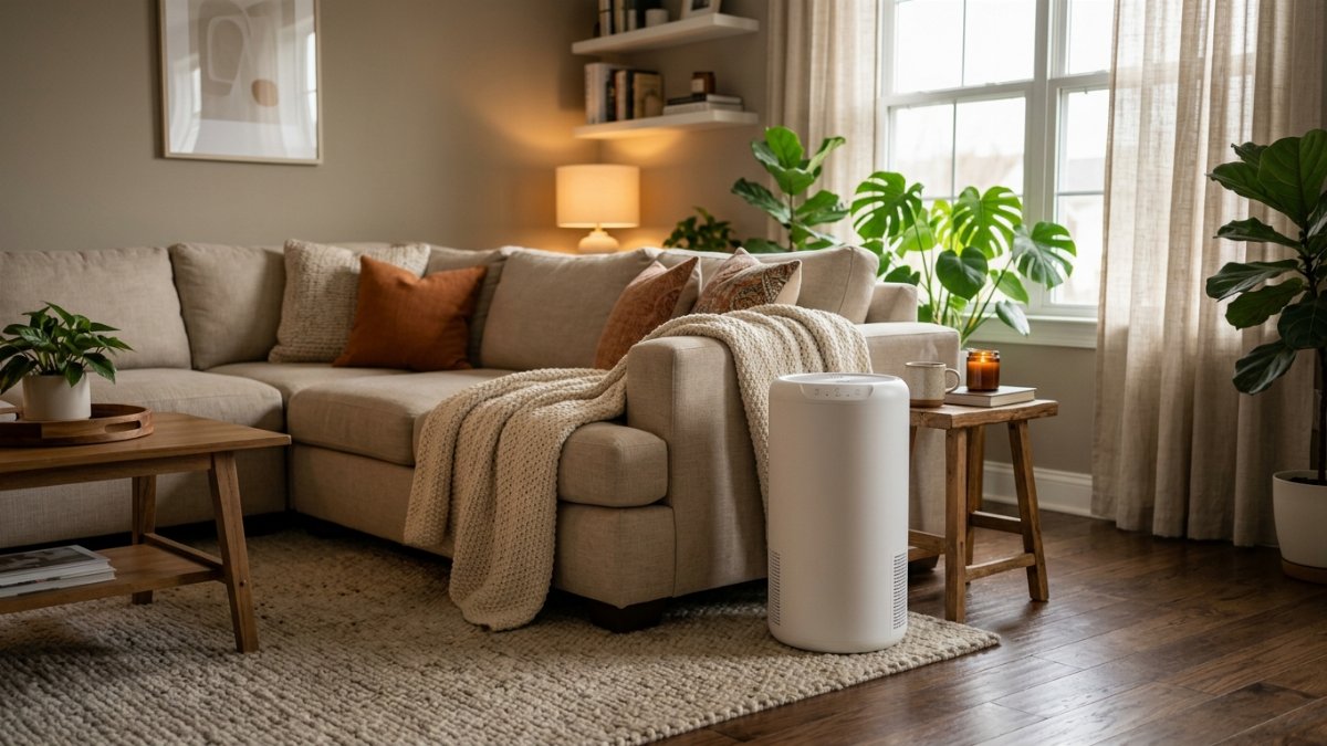 An air purifier in a cozy living room corner