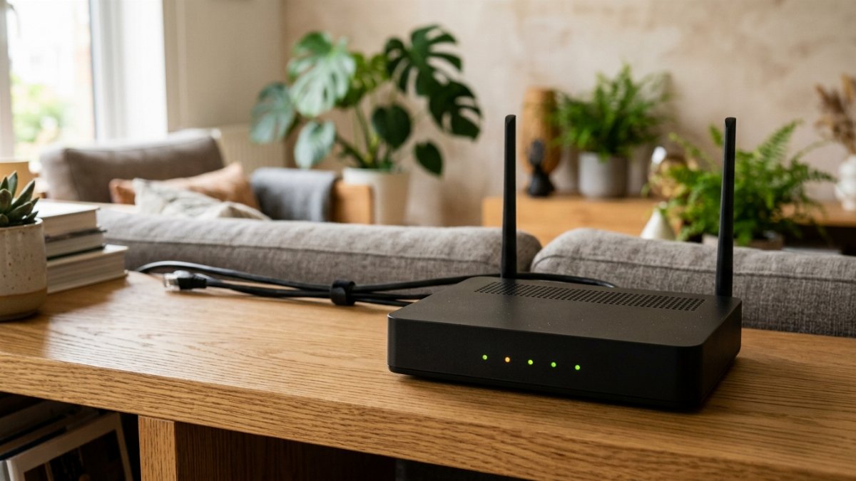 A wifi router set up on a shelf