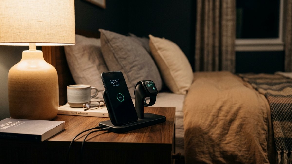 A nightstand charging station at night