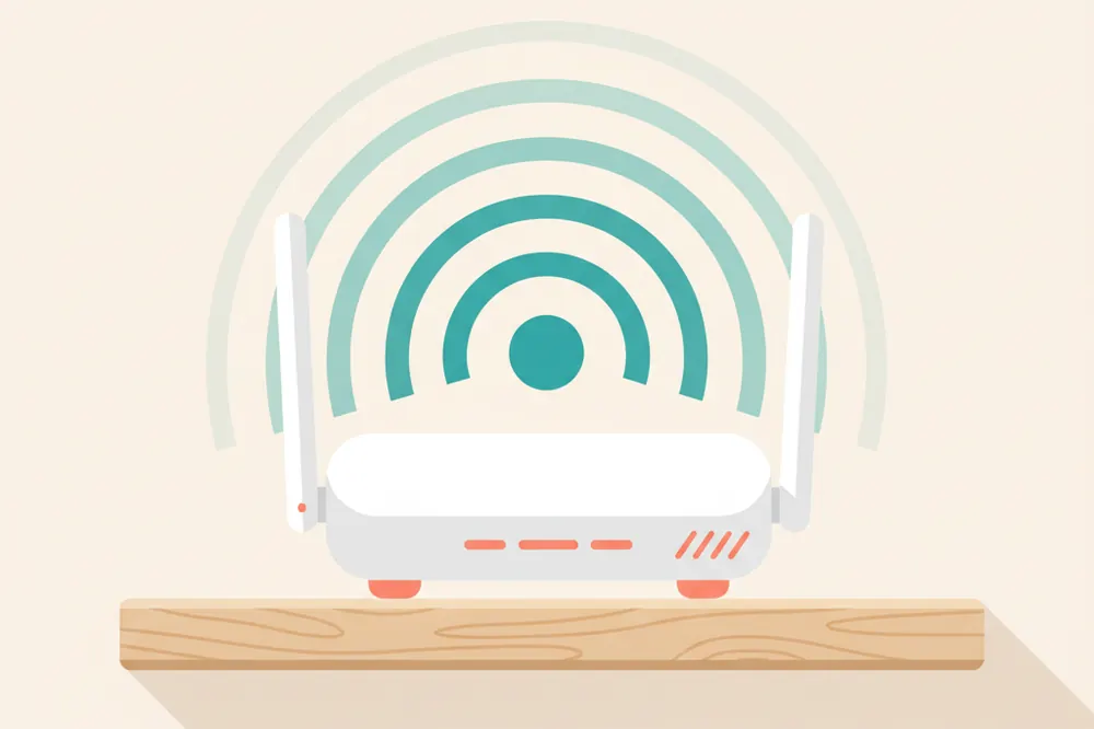 Illustration of a wifi router with glowing signal waves