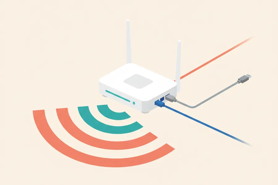 Illustration of a wifi router showing two separated 2.4GHz and 5GHz signal bands