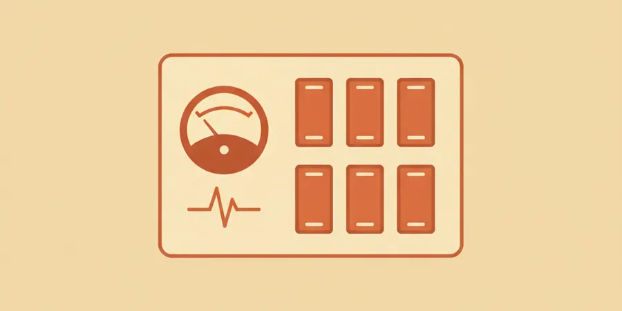 Illustration of a power meter and circuit breaker panel with a generator connection