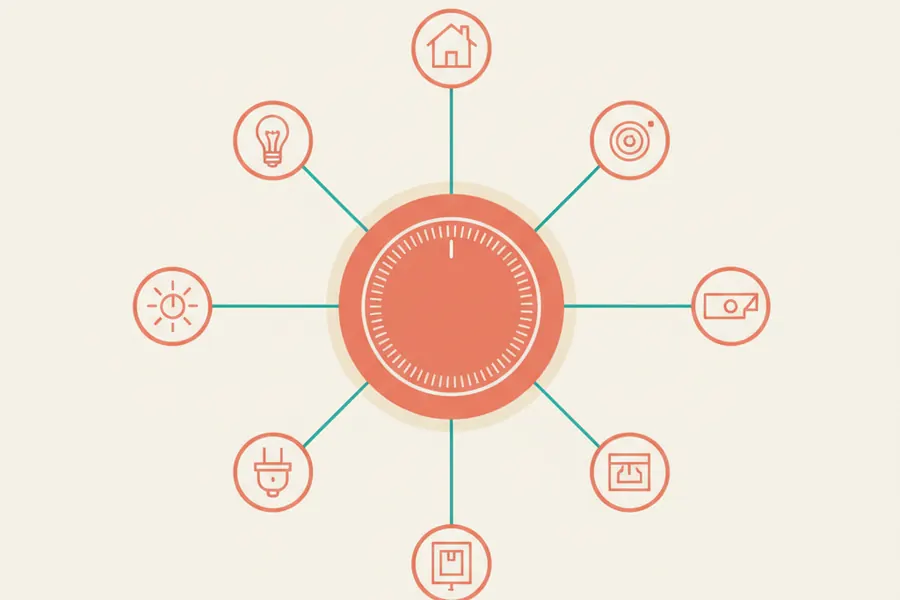 Illustration of a smart thermostat acting as a hub for connected devices