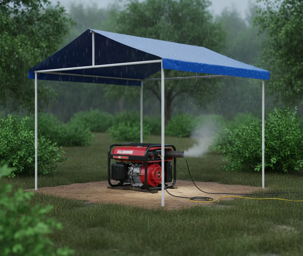 Open-sided generator canopy tent keeping rain off a portable generator while allowing airflow