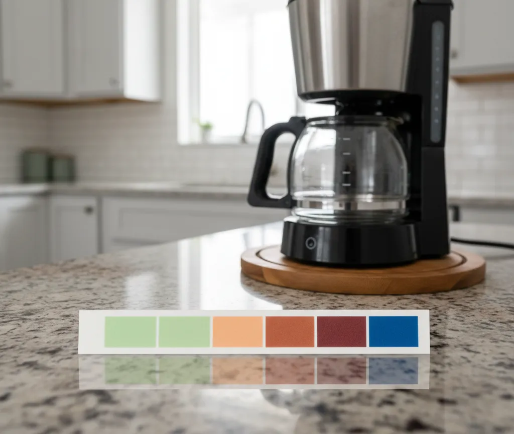 Water hardness test strip next to a coffee maker on a kitchen counter