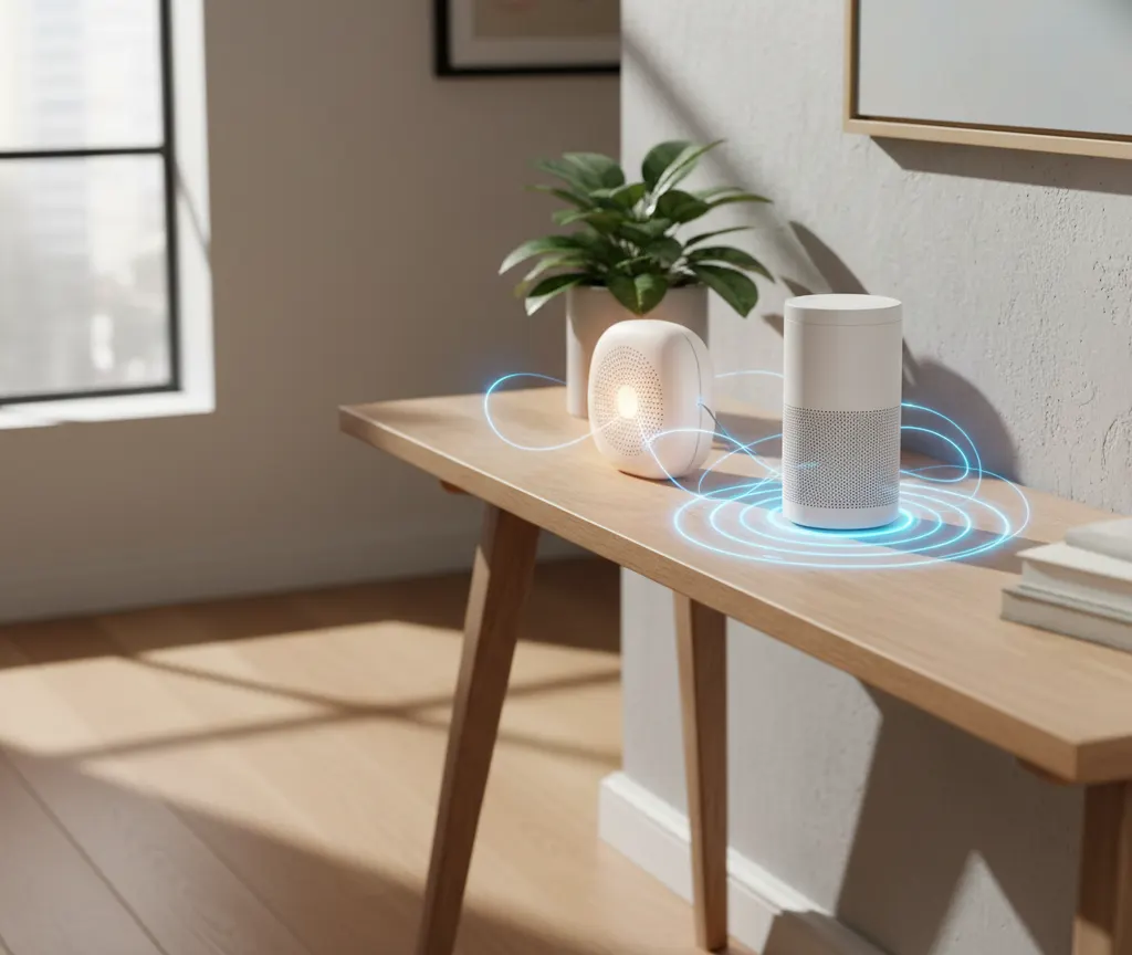 Illustration of a smart home hub acting as a Thread border router relaying signal to nearby devices