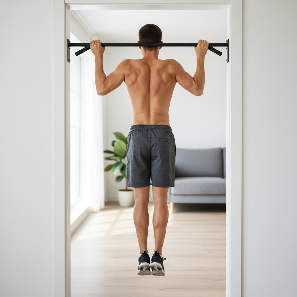 A man doing a strict pull-up on a doorway pull-up bar at home