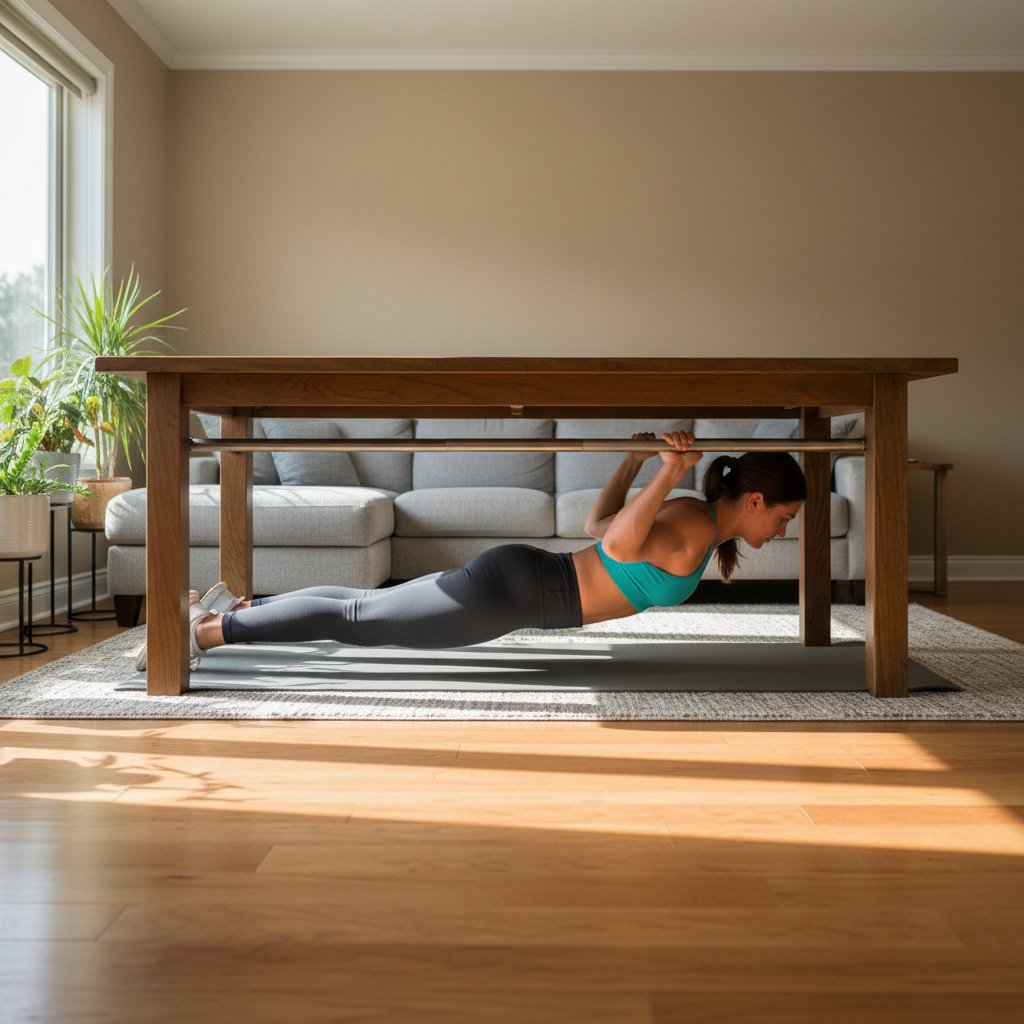 A woman doing a bodyweight inverted row under a table